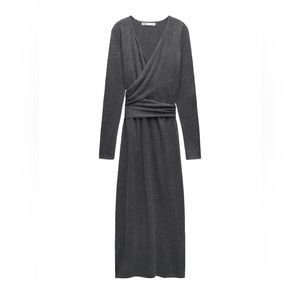 Zara NWT Medium Wool Blend Knit Wrap MIDI Dress Gray V-neck Light Knit